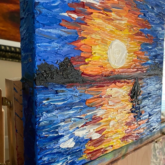 Impasto sunset on the ocean. Original acrylic painting signed by the artist new - Picture 7 of 11